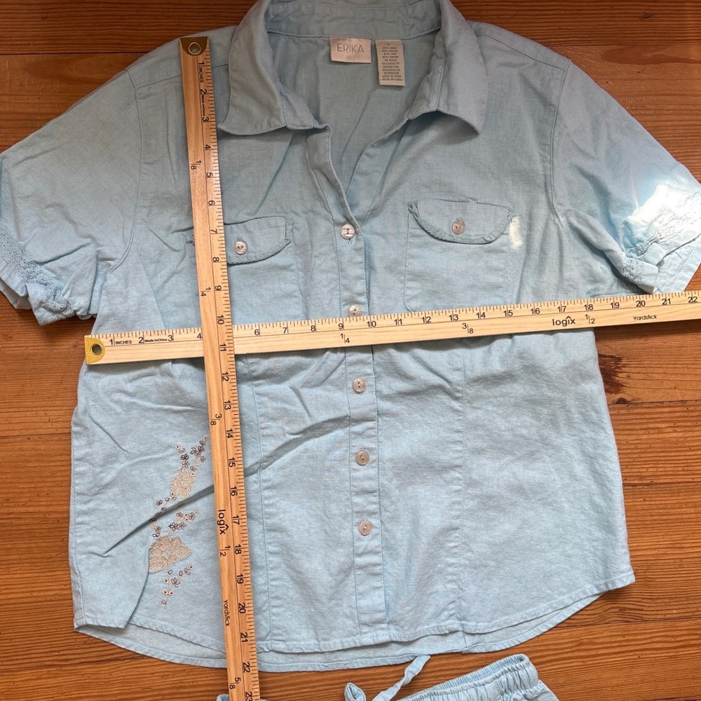 Erika Linen Blend Set Womens Blue Excellent Embroidered Button Up Crop SIZE L - Picture 5 of 6
